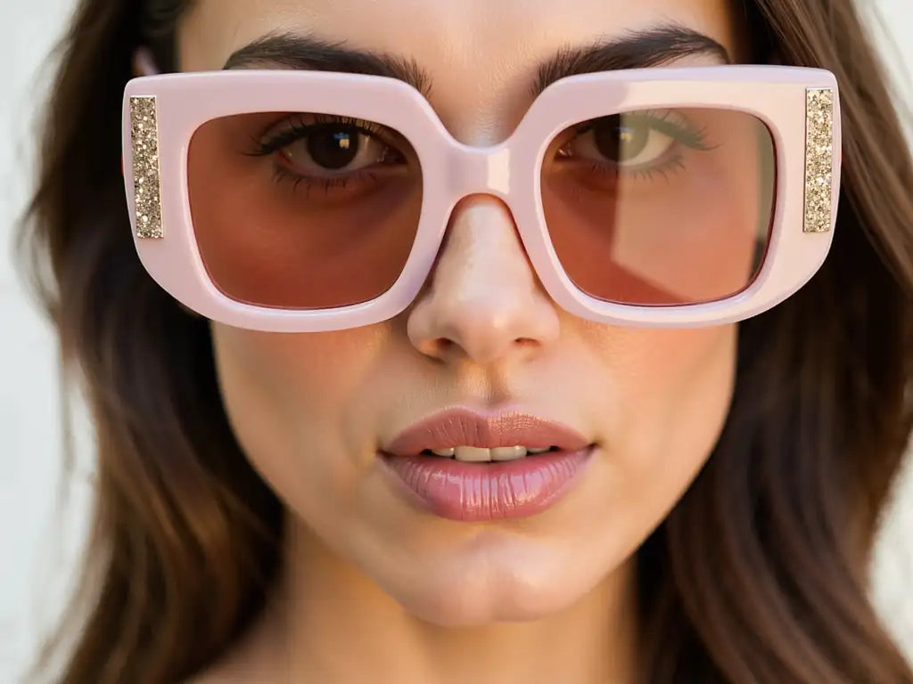 Rosa Sonnenbrille mit Glitzereinsätzen, rechteckigem Gestell und Verlaufsgläsern.