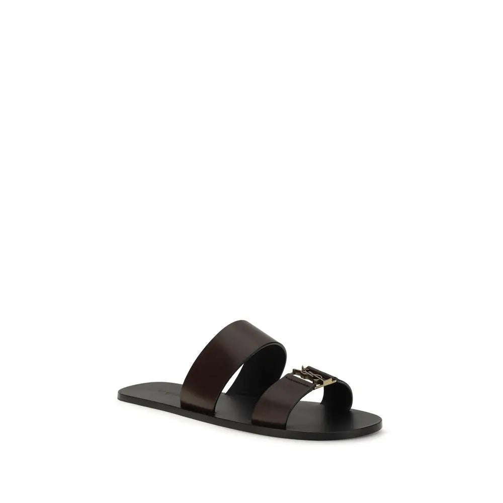 Saint Laurent Braune Kalbsleder-Sandalen Bos Taurus Flach