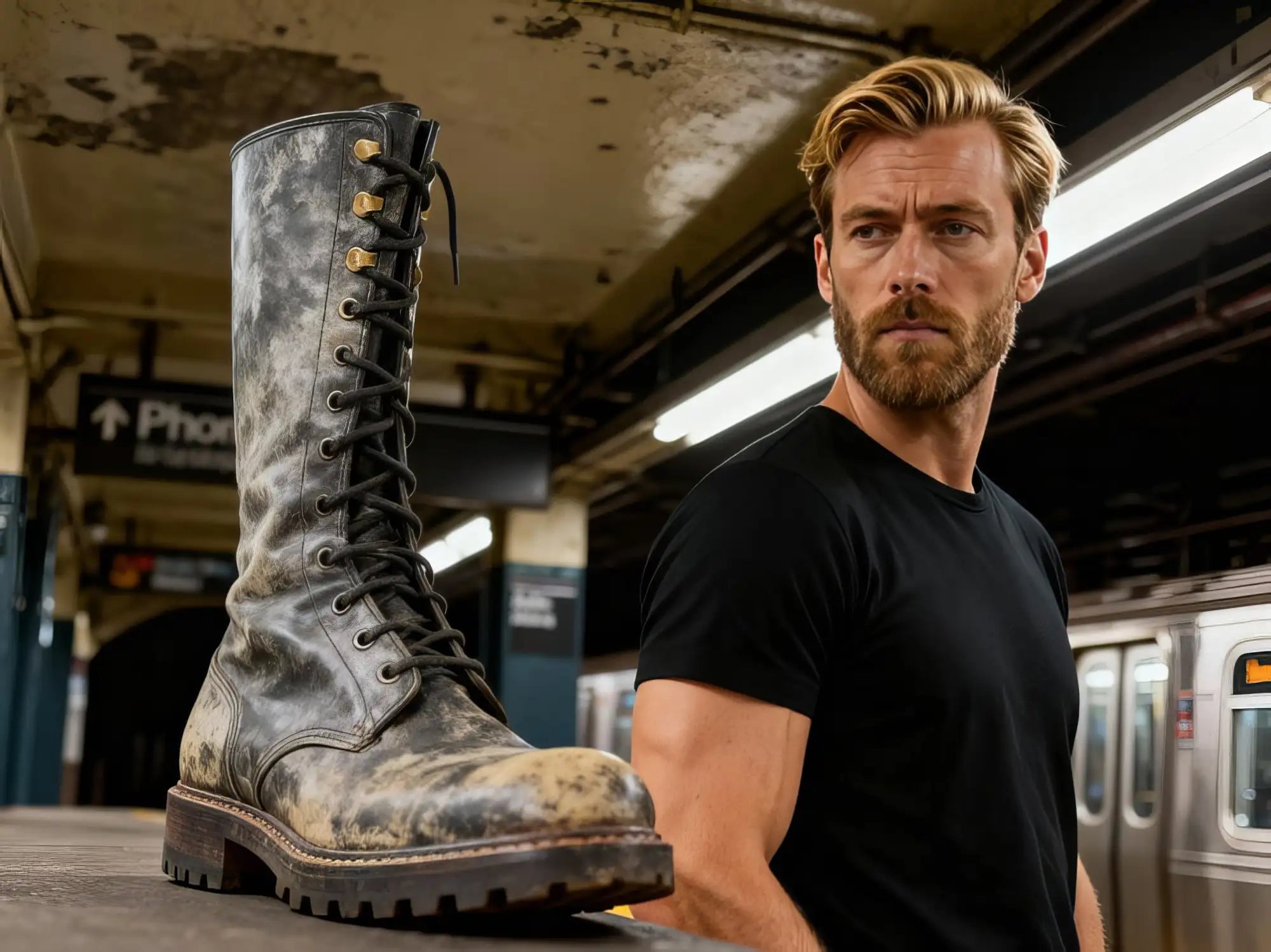 Schwarzer Schnürstiefel mit verziertem Leder und robustem Sohlen-Design.