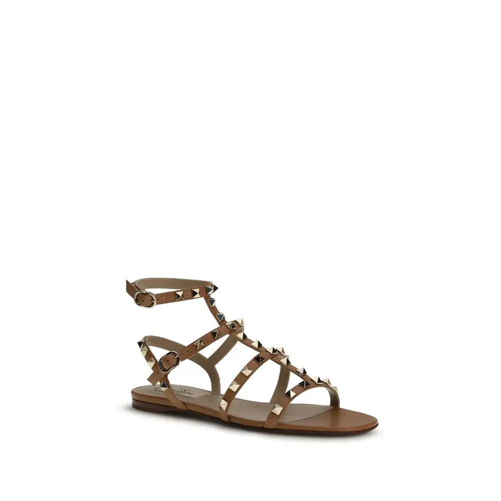 Valentino Garavani Beige Kalbsleder Bos Taurus Flache Sandalen