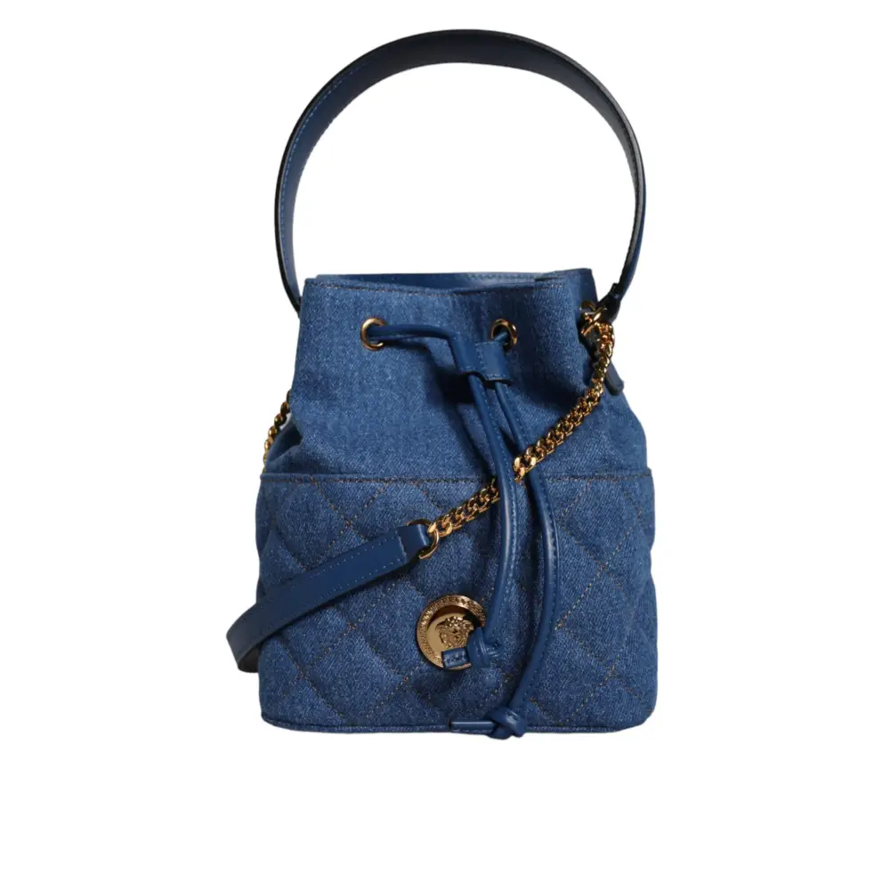 Versace Blaue gesteppte Denim Leder Crossbody Umhängetasche