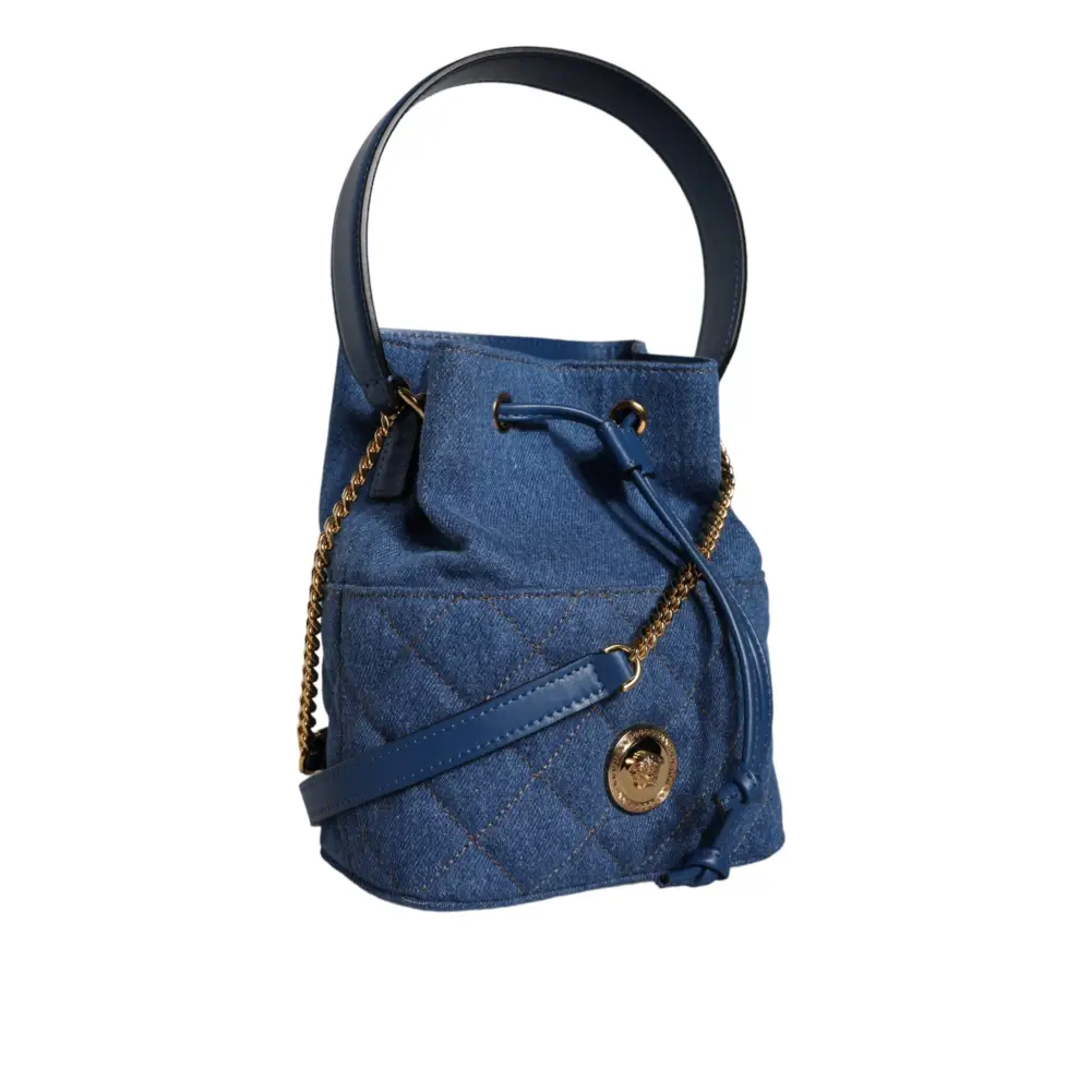 Versace Blaue gesteppte Denim Leder Crossbody Umhängetasche