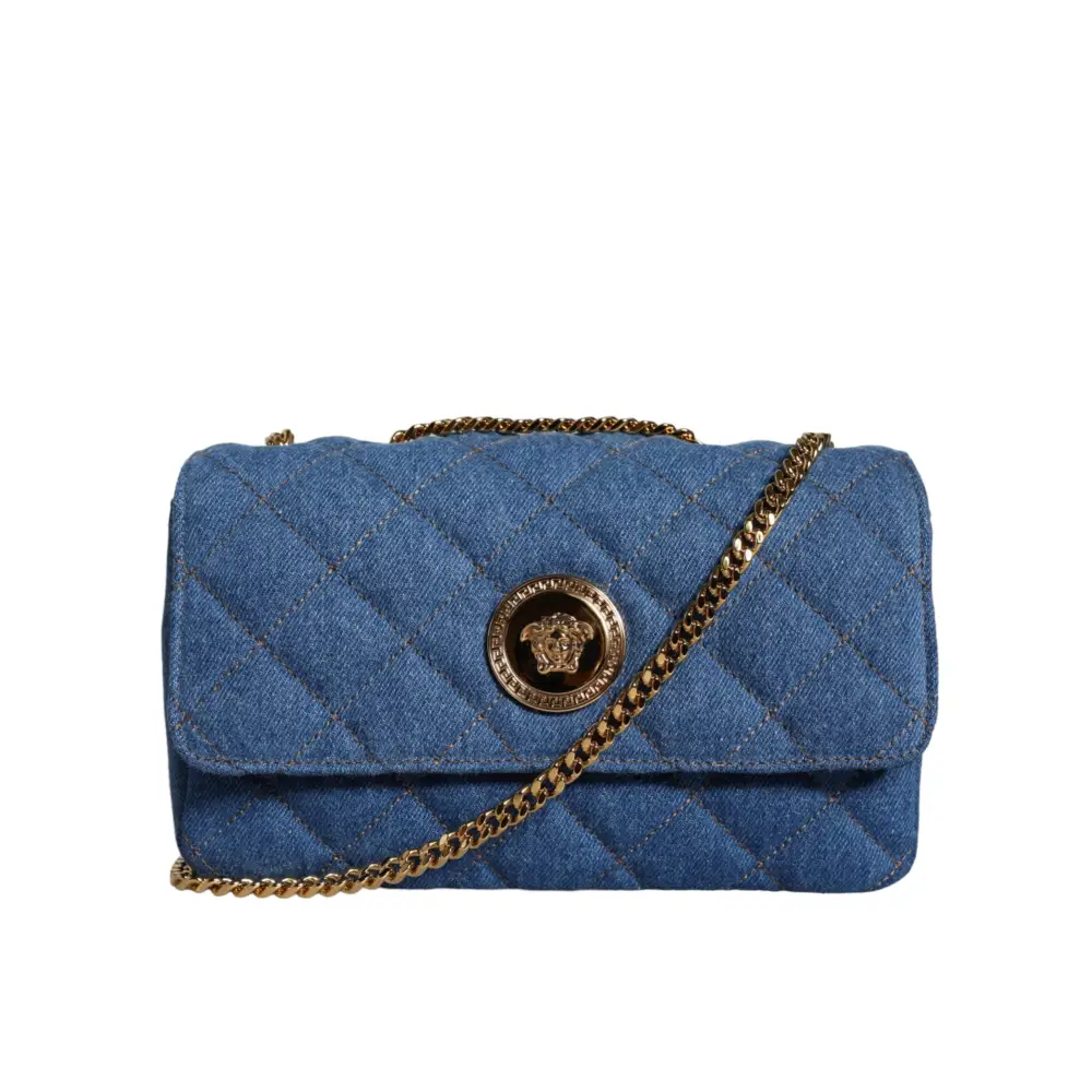 Versace Blaue gesteppte Denim Leder Crossbody Umhängetasche