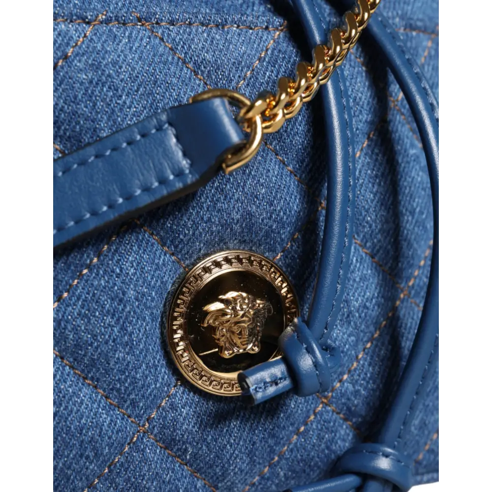 Versace Blaue gesteppte Denim Leder Crossbody Umhängetasche