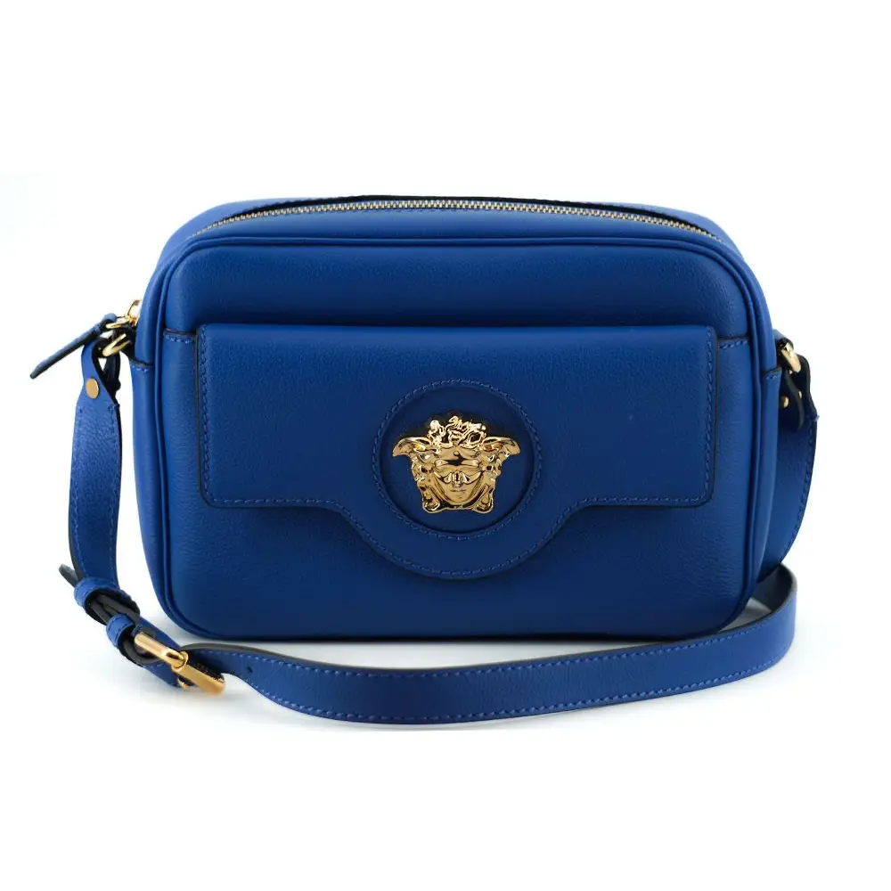 Versace Elegante Kameratasche aus blauem Kalbsleder