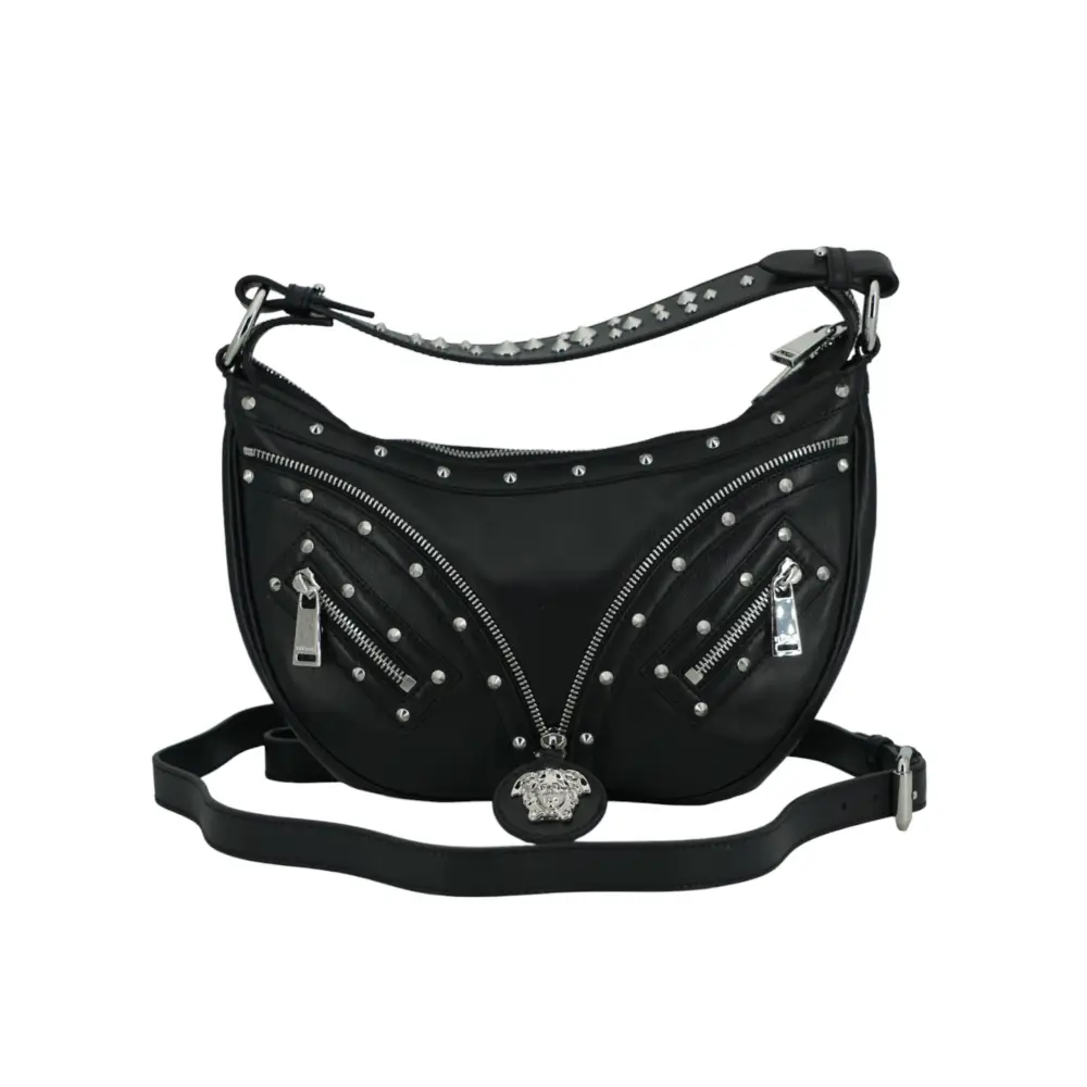 Versace Elegante schwarze Hobo-Umhängetasche aus Leder