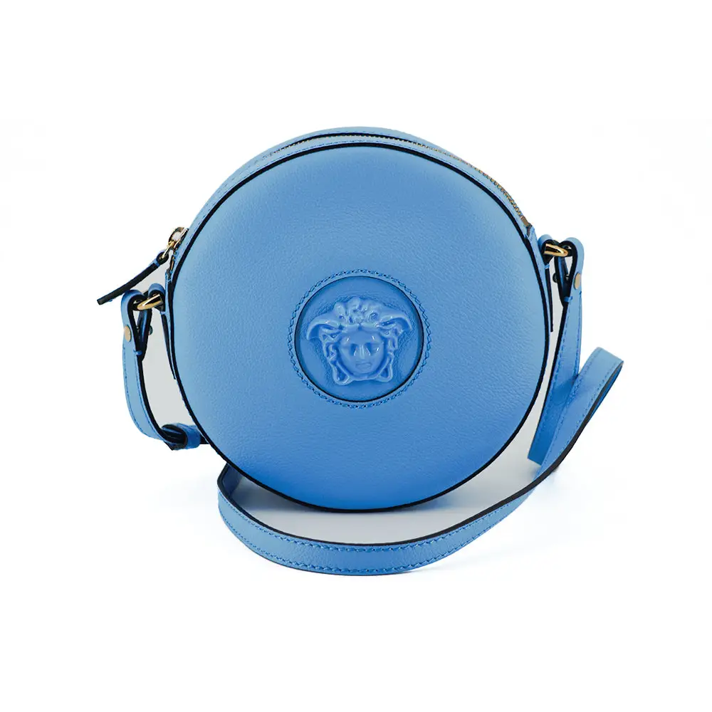 Versace Schicke runde Umhängetasche aus blauem Leder
