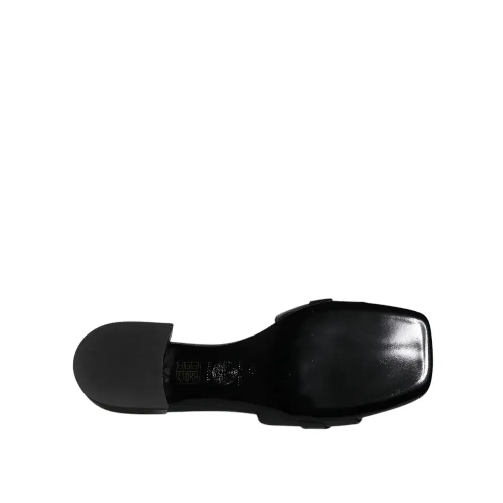 Versace Schwarz Leder Logo Plaque Slip On Slides Flats Schuhe