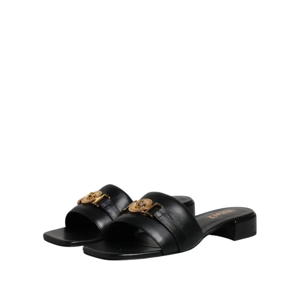 Versace Schwarz Leder Logo Plaque Slip On Slides Flats Schuhe