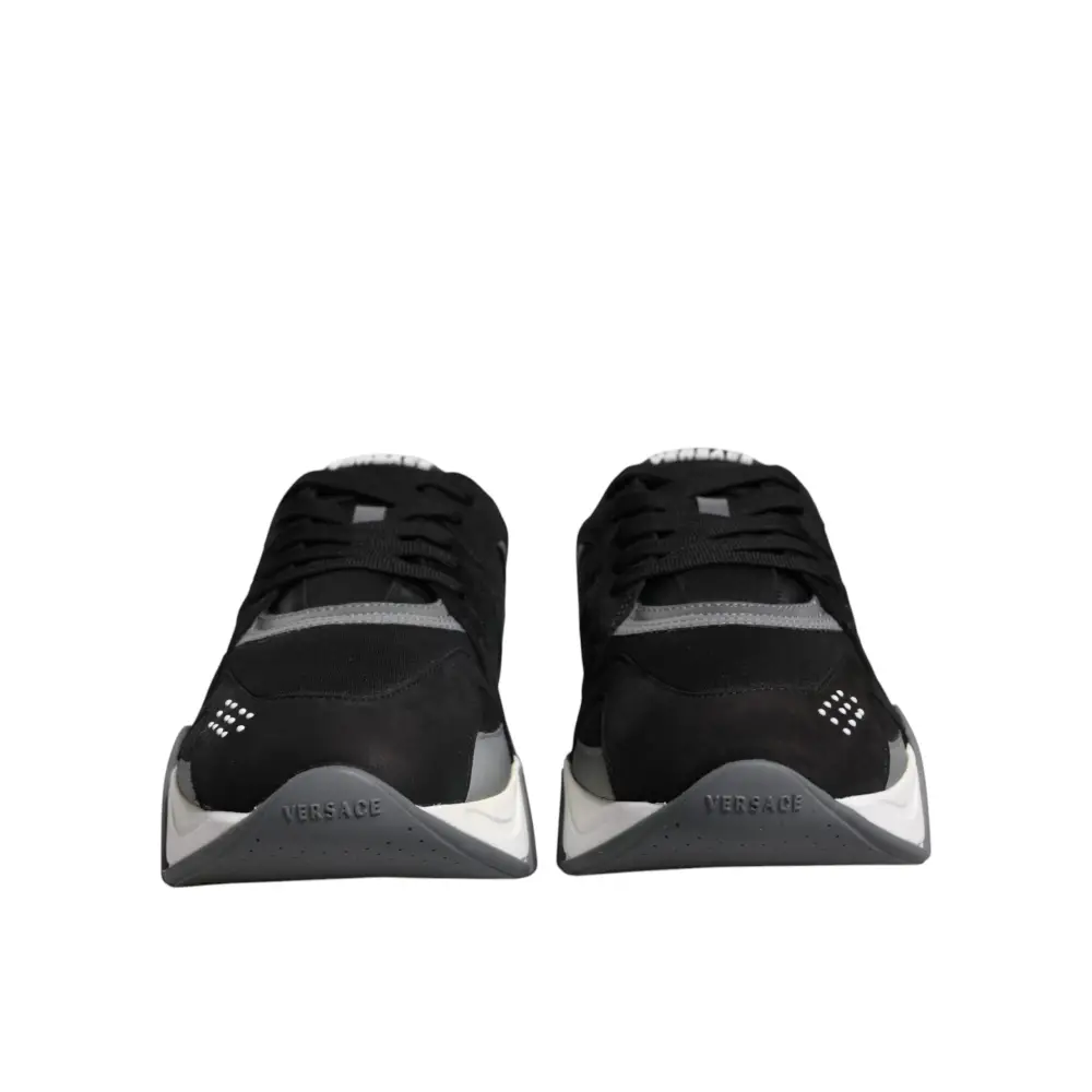 Versace Schwarz Leder Neopren Chunky Low Top Turnschuhe Squalo Schuhe