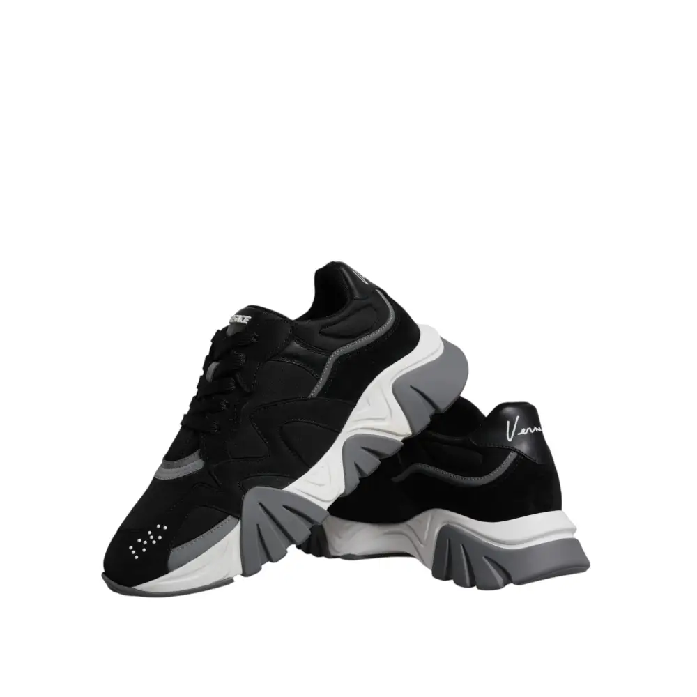Versace Schwarz Leder Neopren Chunky Low Top Turnschuhe Squalo Schuhe