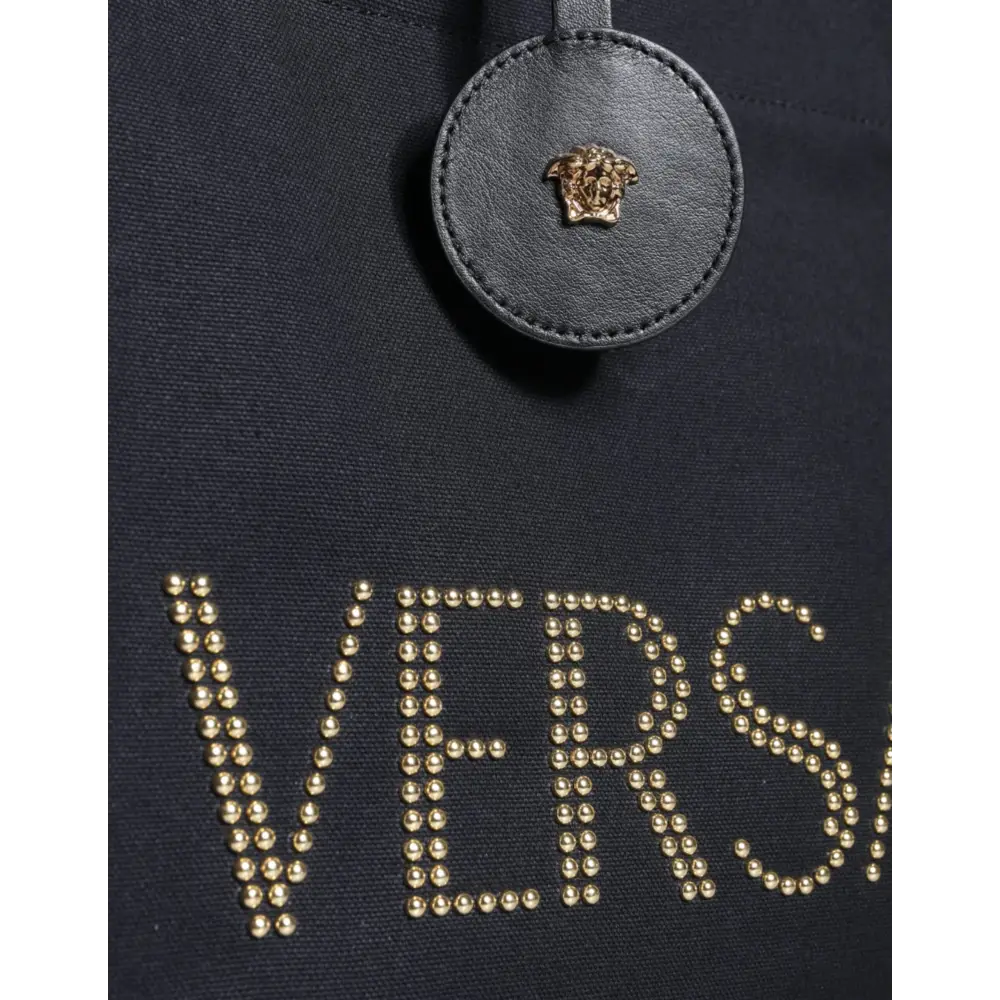 Versace Schwarze Top Handle Canvas Leder Logo Crossbody Tote Bag