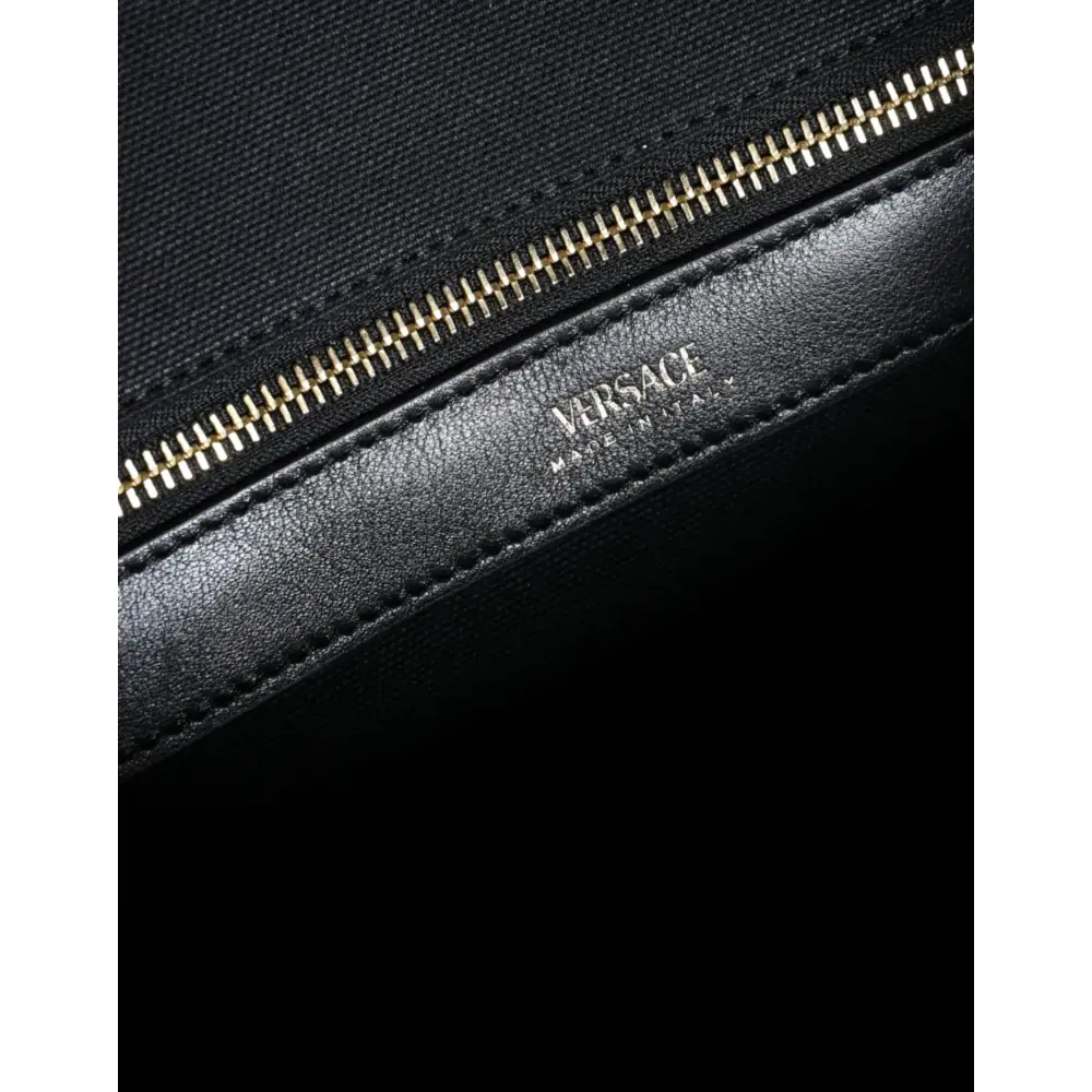 Versace Schwarze Top Handle Canvas Leder Logo Crossbody Tote Bag