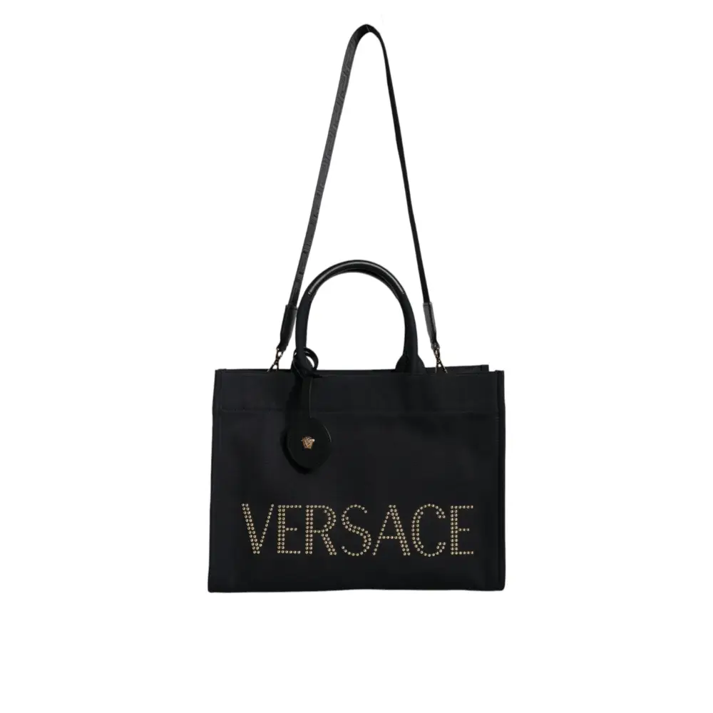 Versace Schwarze Top Handle Canvas Leder Logo Crossbody Tote Bag