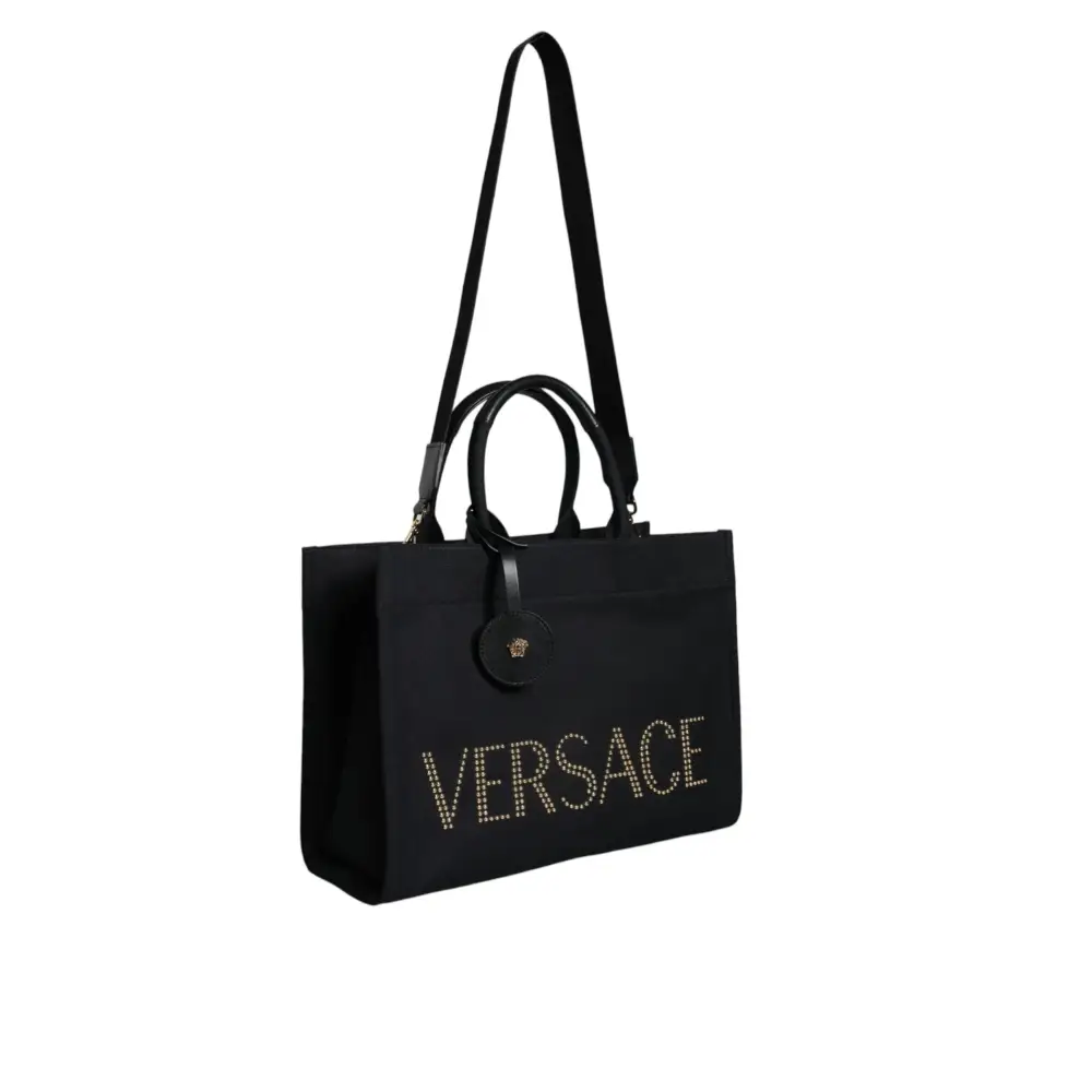 Versace Schwarze Top Handle Canvas Leder Logo Crossbody Tote Bag