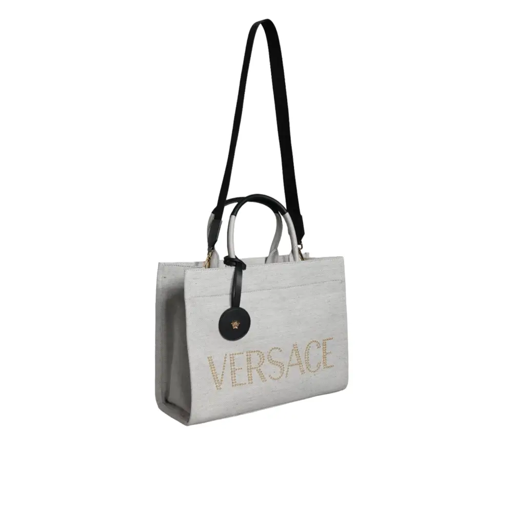 Versace Weiße Top Handle Canvas Leder Logo Crossbody Tote Bag