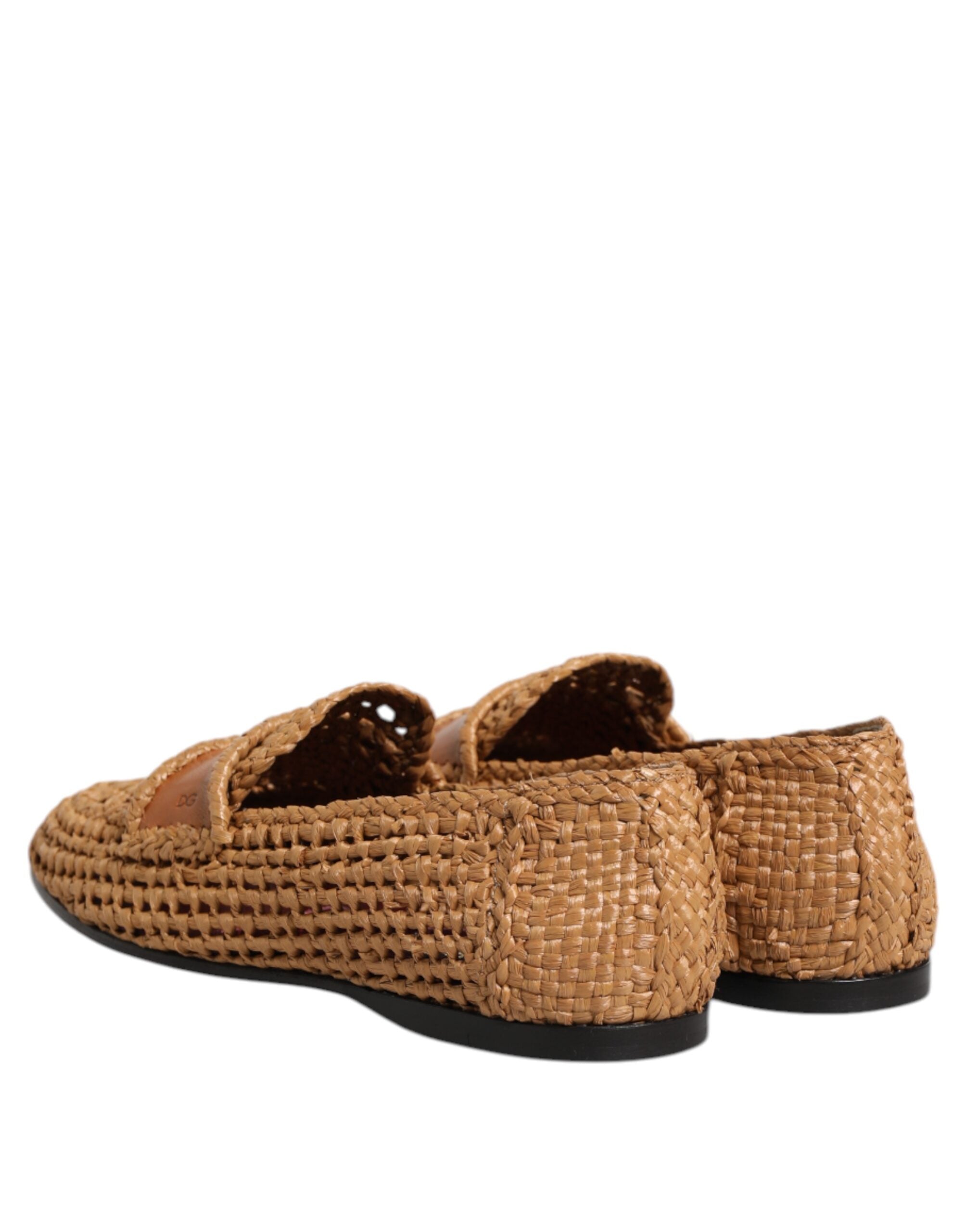 Dolce & Gabbana Braune gewebte Raffia Slip On Loafers Schuhe