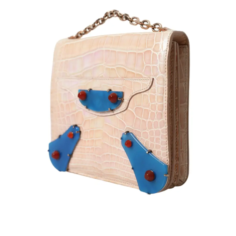 Balenciaga Beige Blauer Achat Exotisches Leder Gold Kette Geldbörse Tasche