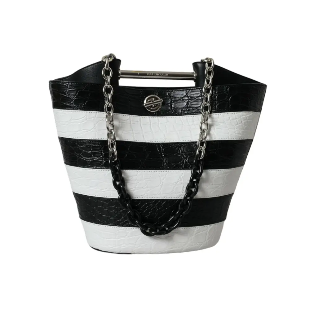 Balenciaga Schwarz-weiß gestreifte Exotenhaut Leder Maxi Bucket Tote Bag
