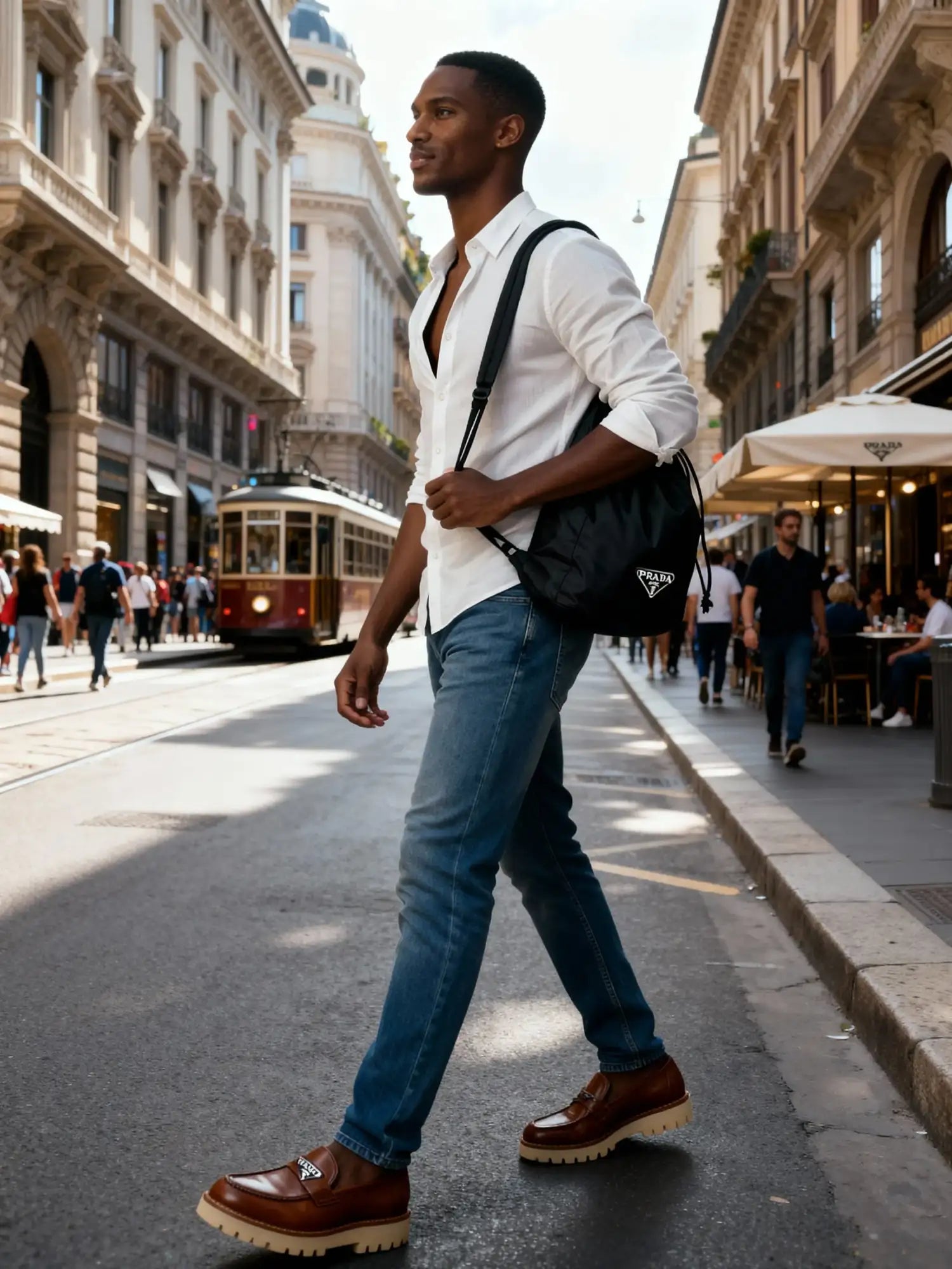 Brauner Lederslipper mit weißer Naht und Prada-Logo.