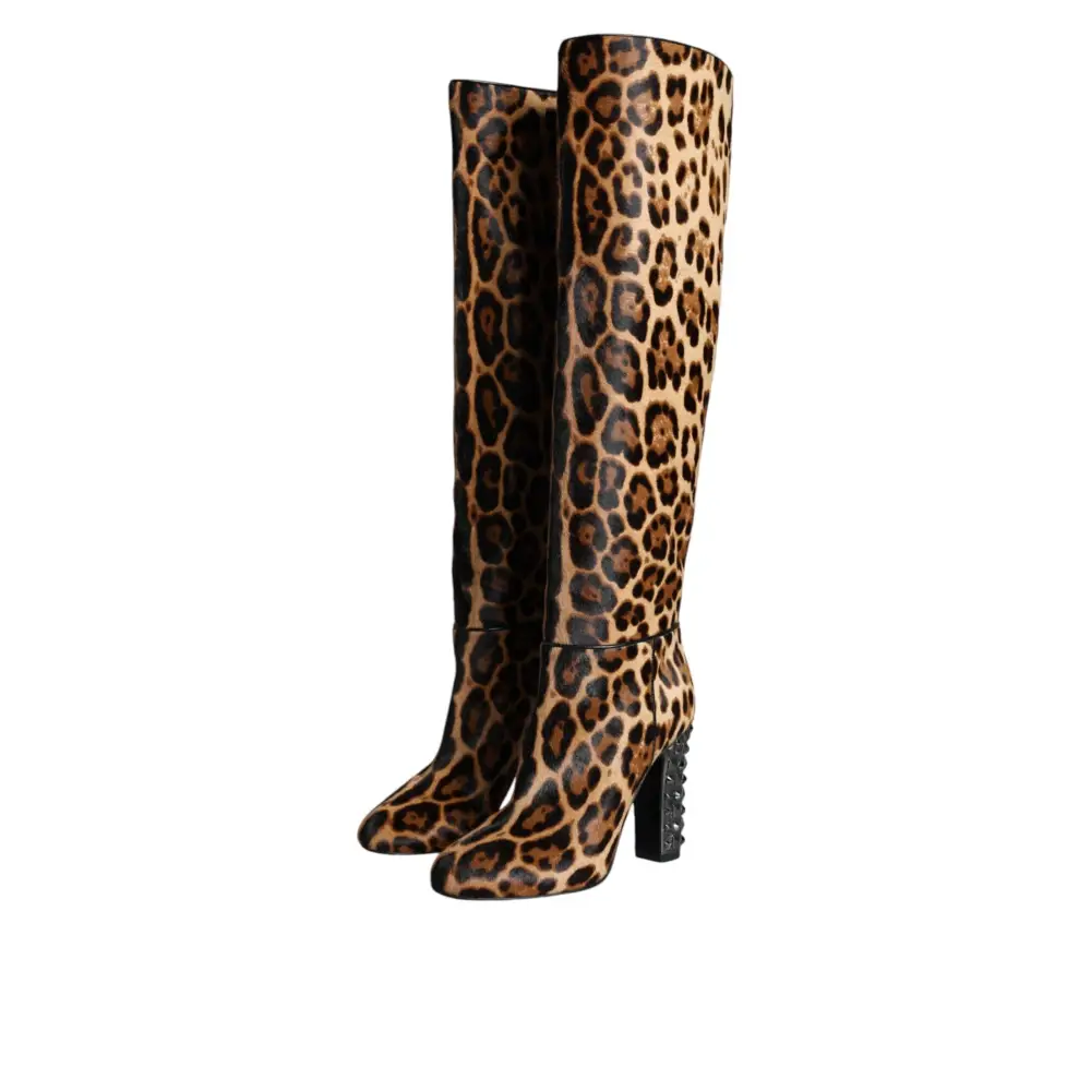 Dolce & Gabbana Beige Schwarz Leopard Kniehohe Stiefel Schuhe