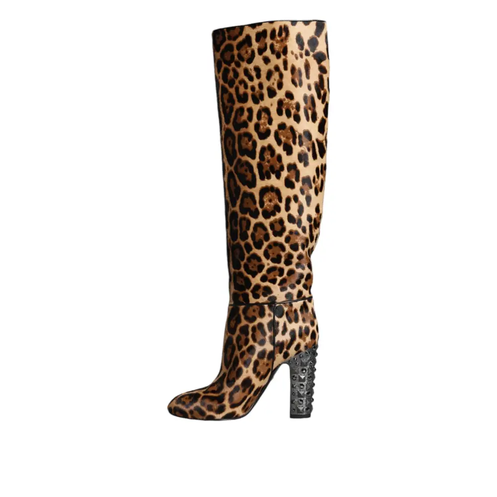 Dolce & Gabbana Beige Schwarz Leopard Kniehohe Stiefel Schuhe