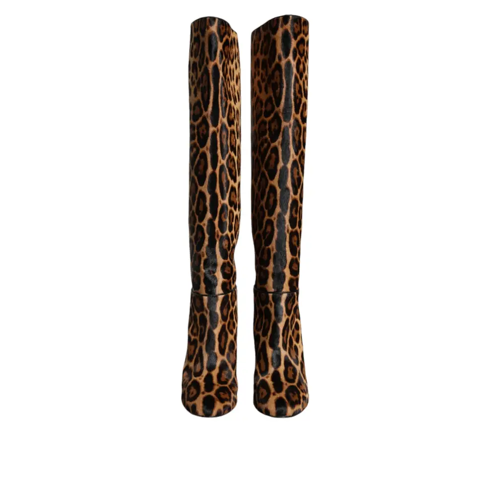 Dolce & Gabbana Beige Schwarz Leopard Kniehohe Stiefel Schuhe