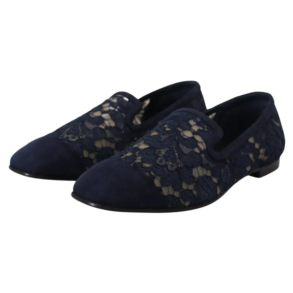 Dolce & Gabbana Blau Floral Spitze Slip Ons Loafers Flats Schuhe