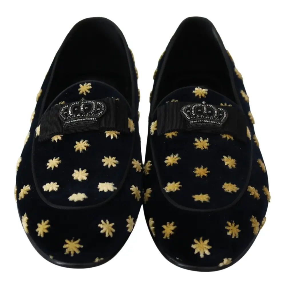 Dolce & Gabbana Blau Samt Krone Hausschuhe Loafers Schuhe - EU39/US6