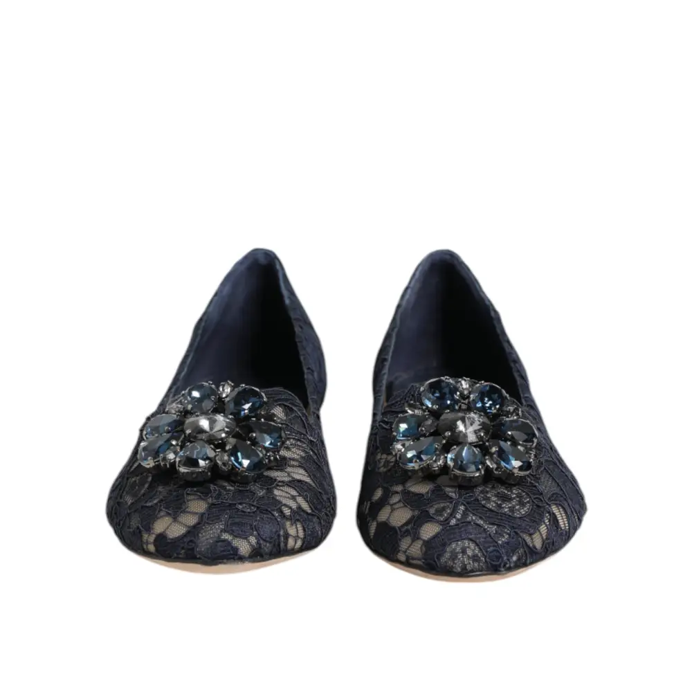 Dolce & Gabbana Blau Taormina Spitze Kristalle Flats Schuhe