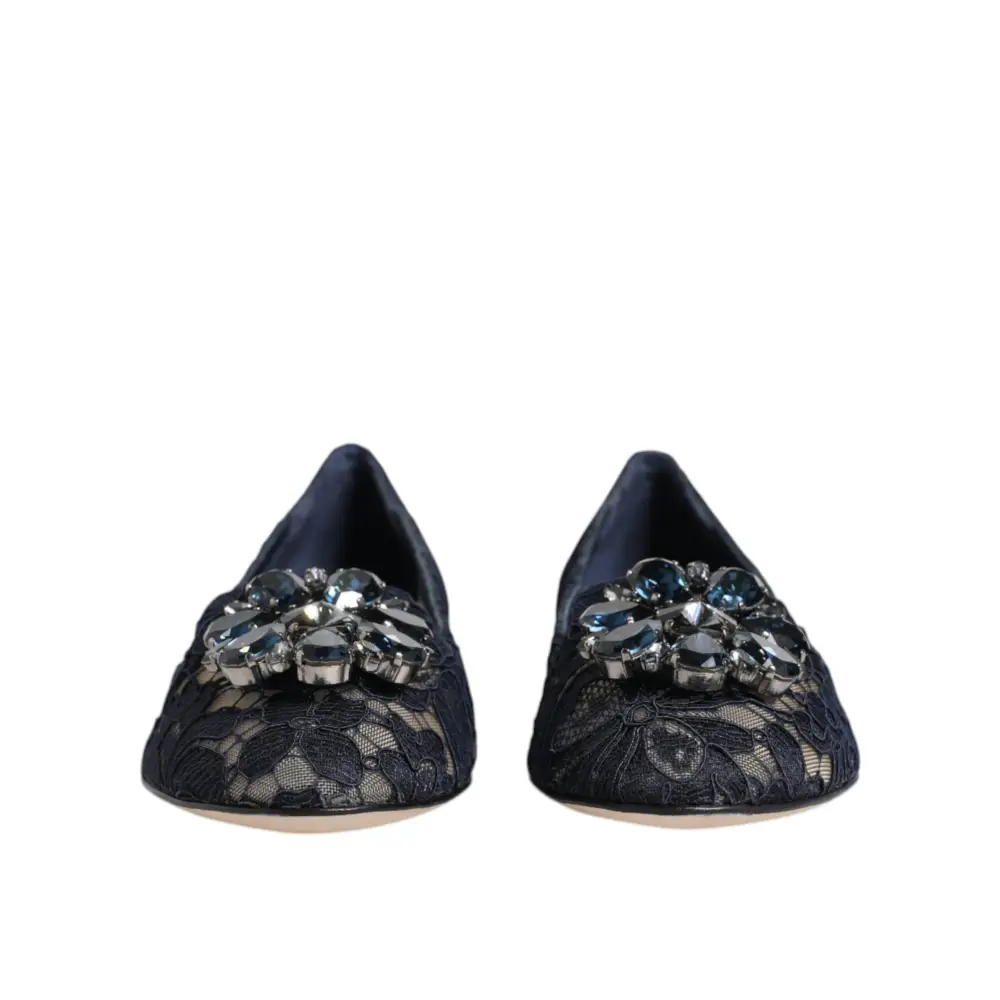 Dolce & Gabbana Blau Taormina Spitze Kristalle Flats Schuhe - EU34/US4.5
