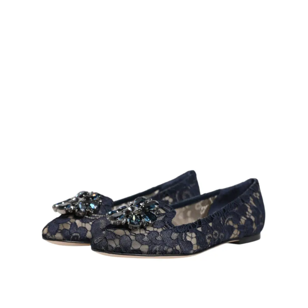 Dolce & Gabbana Blau Taormina Spitze Kristalle Flats Schuhe - EU34/US4.5
