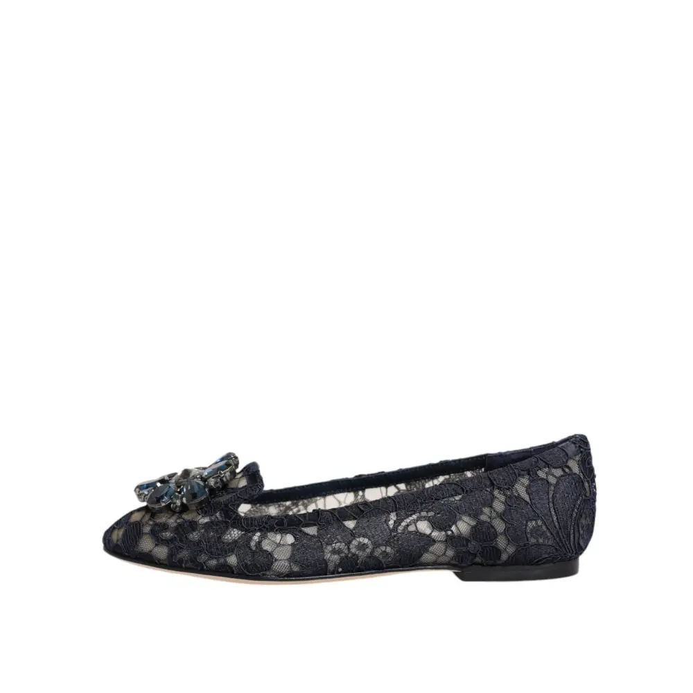 Dolce & Gabbana Blau Taormina Spitze Kristalle Flats Schuhe - EU34/US4.5