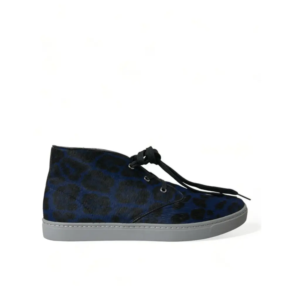 Dolce & Gabbana Blaue Kalbsleder Leopard Mid Top Sneakers Schuhe