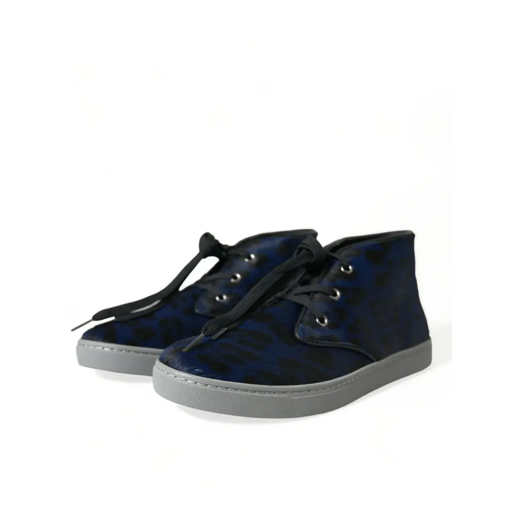 Dolce & Gabbana Blaue Kalbsleder Leopard Mid Top Sneakers Schuhe