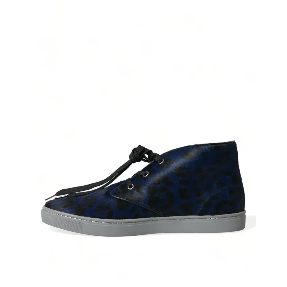 Dolce & Gabbana Blaue Kalbsleder Leopard Mid Top Sneakers Schuhe