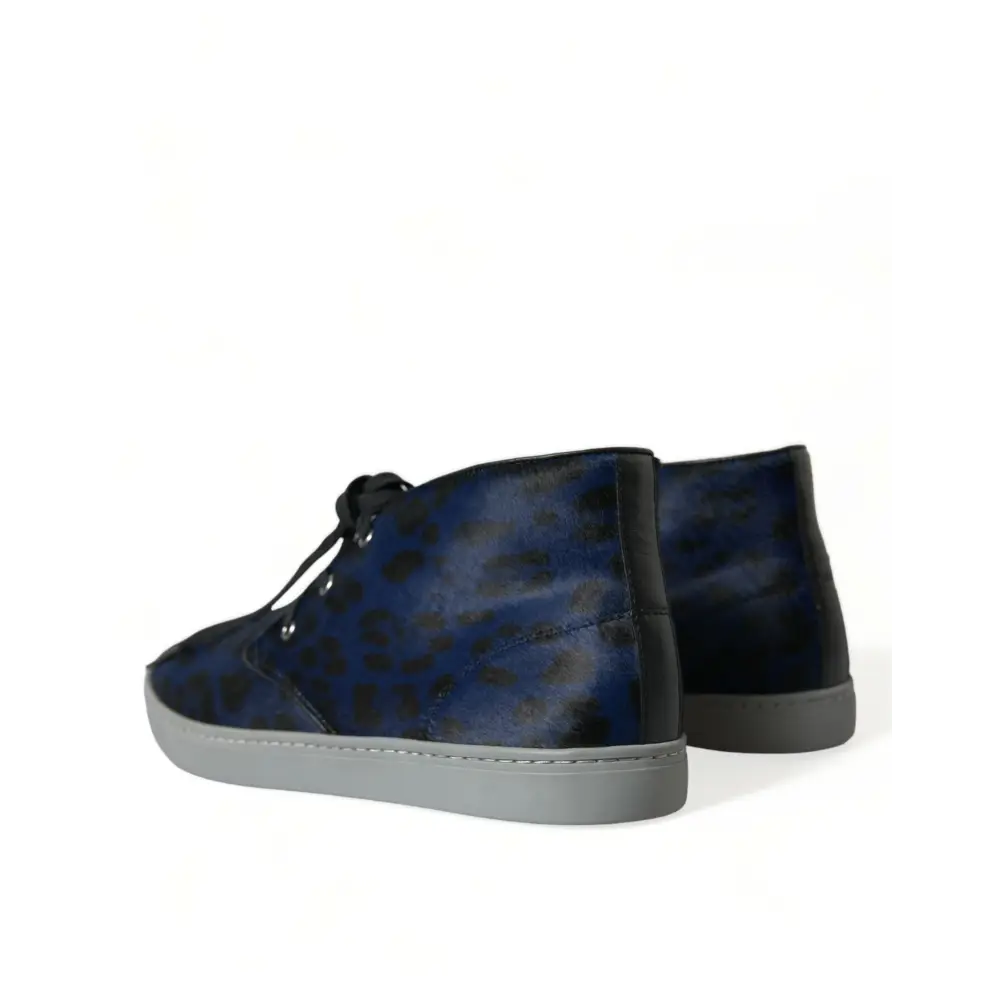 Dolce & Gabbana Blaue Kalbsleder Leopard Mid Top Sneakers Schuhe