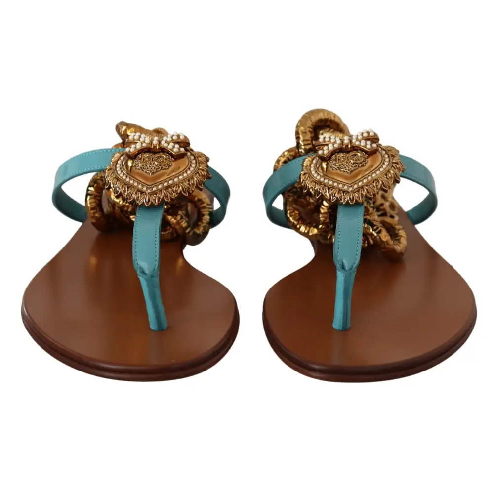 Dolce & Gabbana Blaue Leder Devotion Flats Sandalen