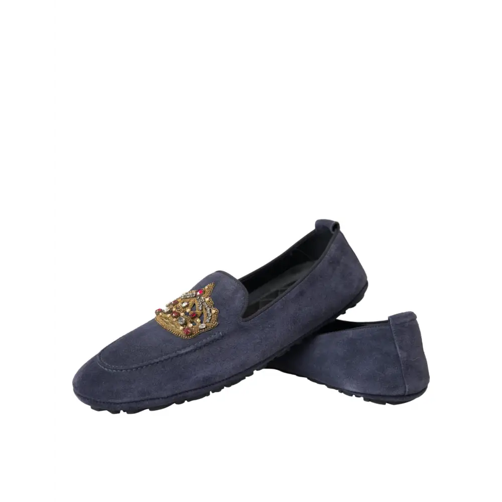 Dolce & Gabbana Blaue Leder Wildleder Crystal Crown Loafers Schuhe - EU40/US7