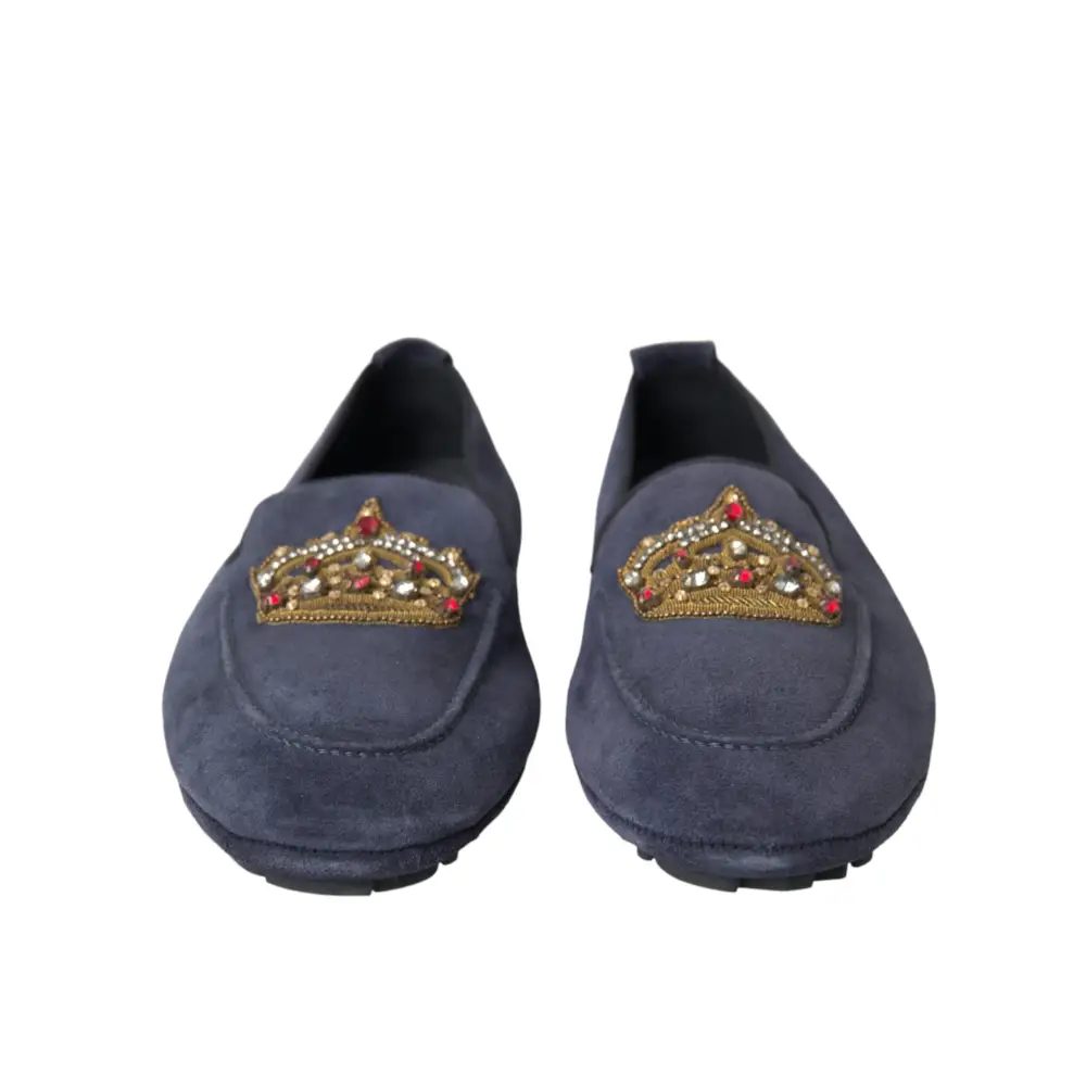 Dolce & Gabbana Blaue Leder Wildleder Crystal Crown Loafers Schuhe - EU40/US7