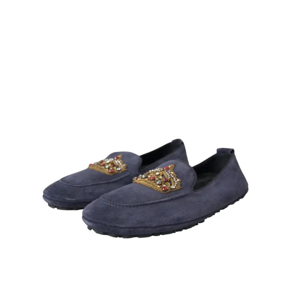Dolce & Gabbana Blaue Leder Wildleder Crystal Crown Loafers Schuhe - EU40/US7