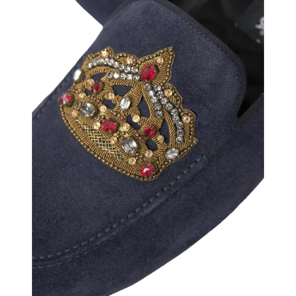 Dolce & Gabbana Blaue Leder Wildleder Crystal Crown Loafers Schuhe - EU40/US7