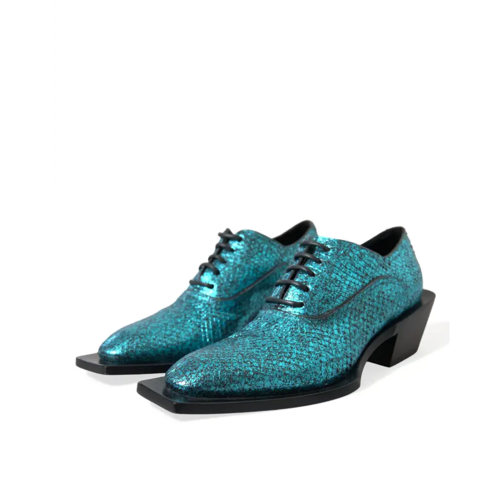Dolce & Gabbana Blue Leather Derby Block Heels Dress Shoes - EU43/US10