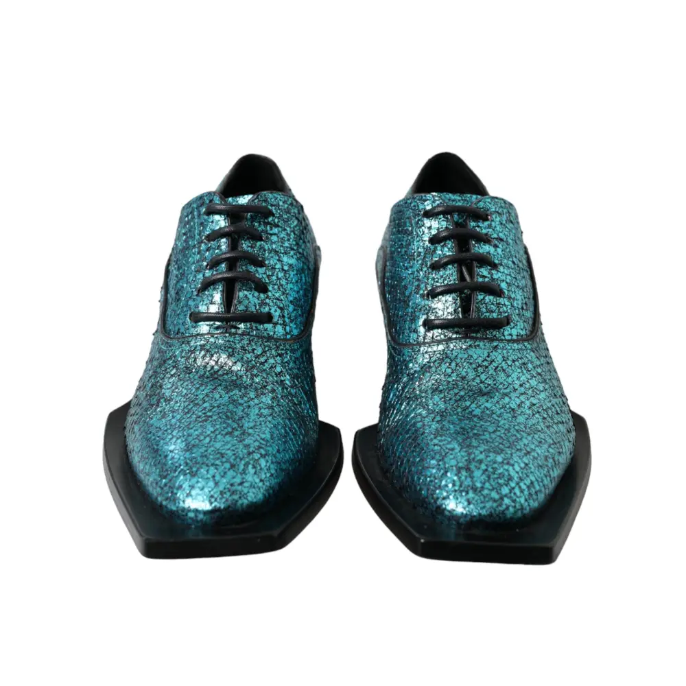 Dolce & Gabbana Blue Leather Derby Block Heels Dress Shoes - EU43/US10