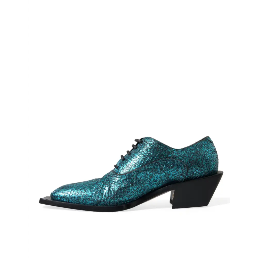 Dolce & Gabbana Blue Leather Derby Block Heels Dress Shoes - EU43/US10