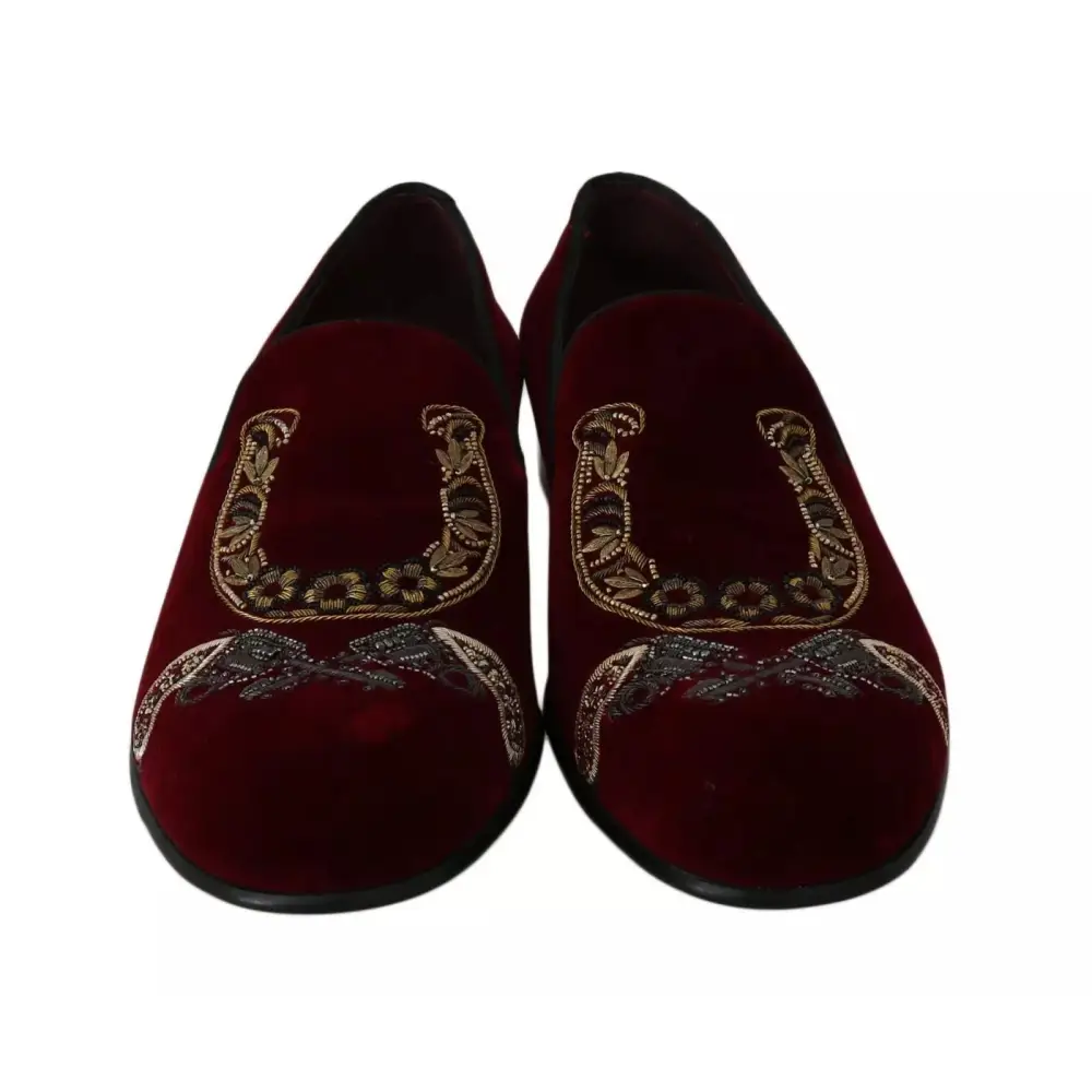 Dolce & Gabbana Bordeaux Samt Loafers Gun Horseshoe Schuhe - EU39/US6