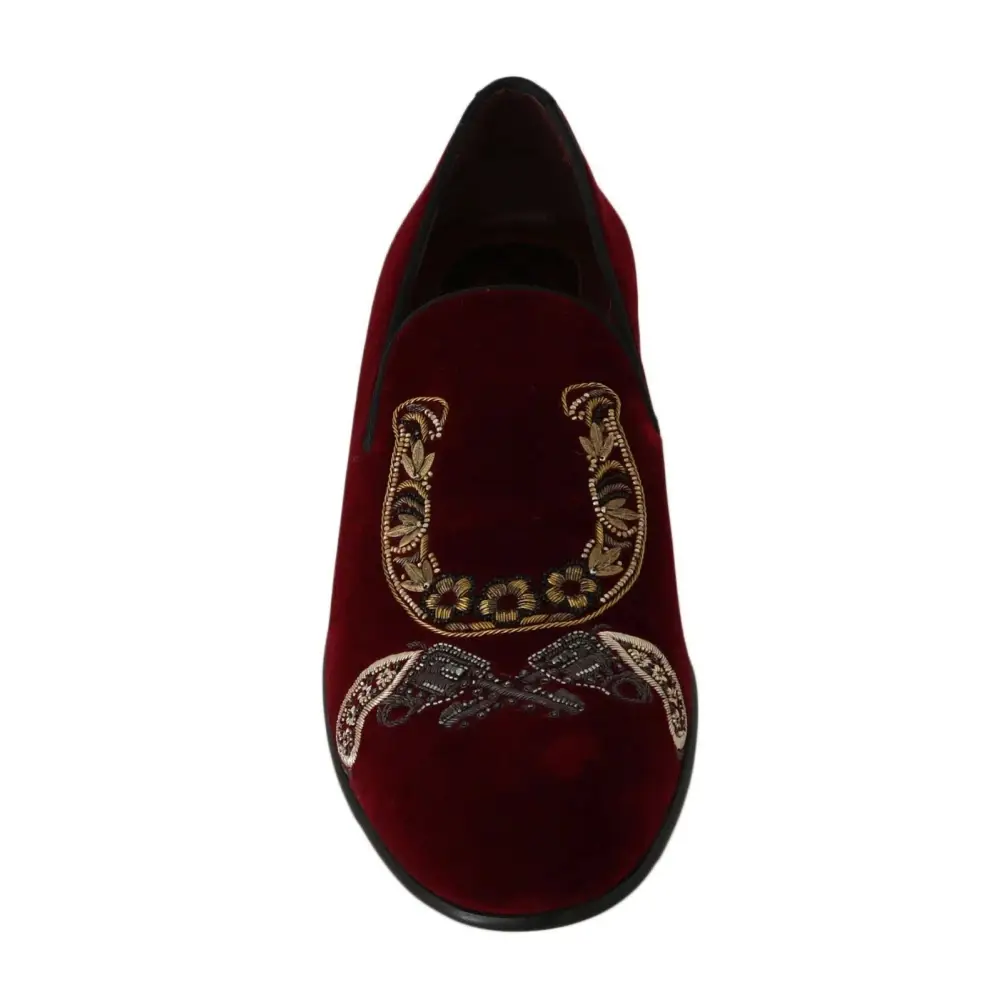 Dolce & Gabbana Bordeaux Samt Loafers Gun Horseshoe Schuhe - EU39/US6
