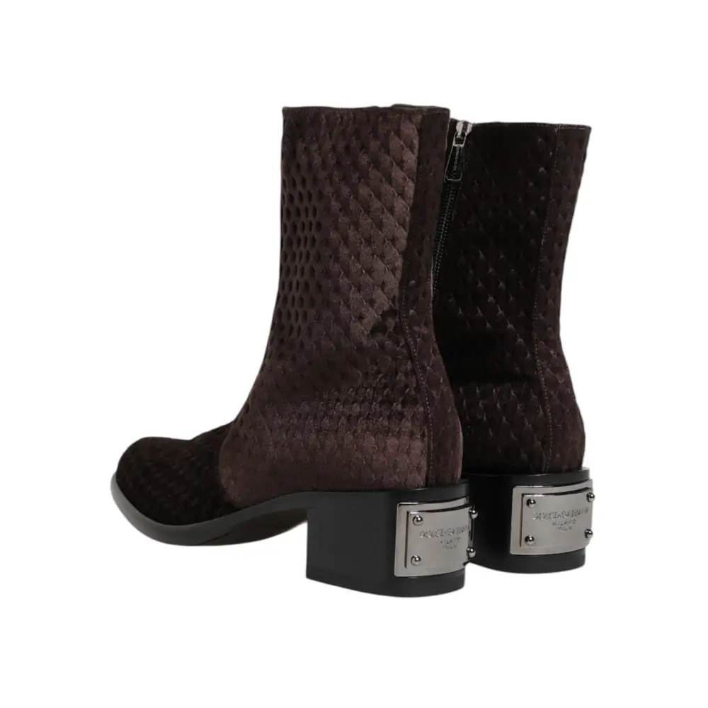 Dolce & Gabbana Braun Baumwolle Samt Mid Calf Kurze Stiefel Schuhe - EU44/US11