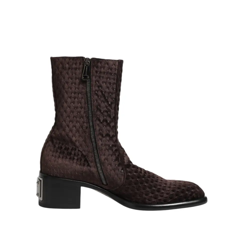Dolce & Gabbana Braun Baumwolle Samt Mid Calf Kurze Stiefel Schuhe - EU44/US11
