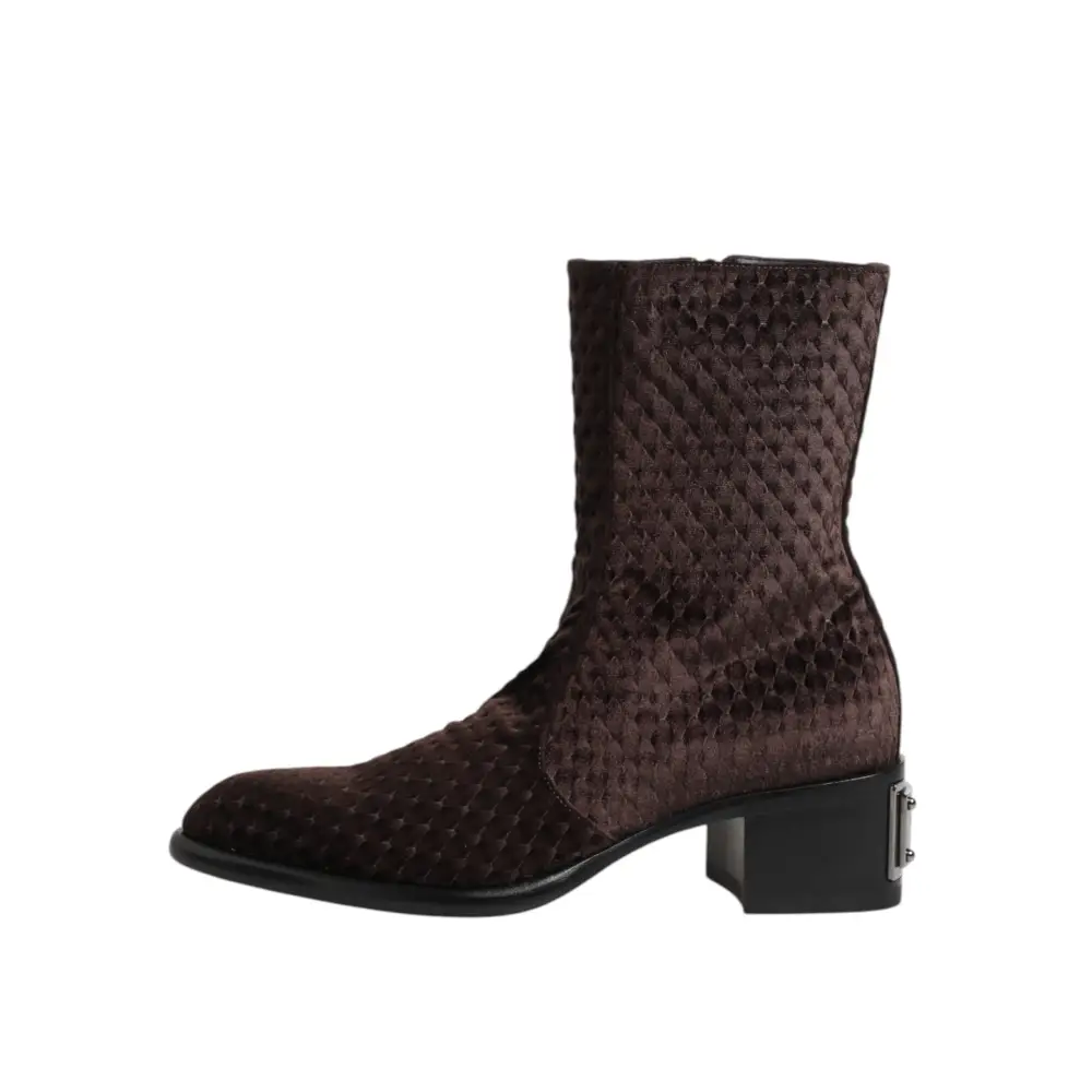 Dolce & Gabbana Braun Baumwolle Samt Mid Calf Kurze Stiefel Schuhe - EU44/US11